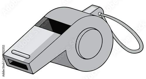 An iconic gray metal whistle with an attached lanyard, the classic tool for coaches, referees, and lifeguards to signal and alert others