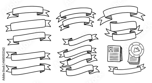 Ribbon doodle sketch hand drawn banner set graphic design cv compass document icon blank outline vector art illustration