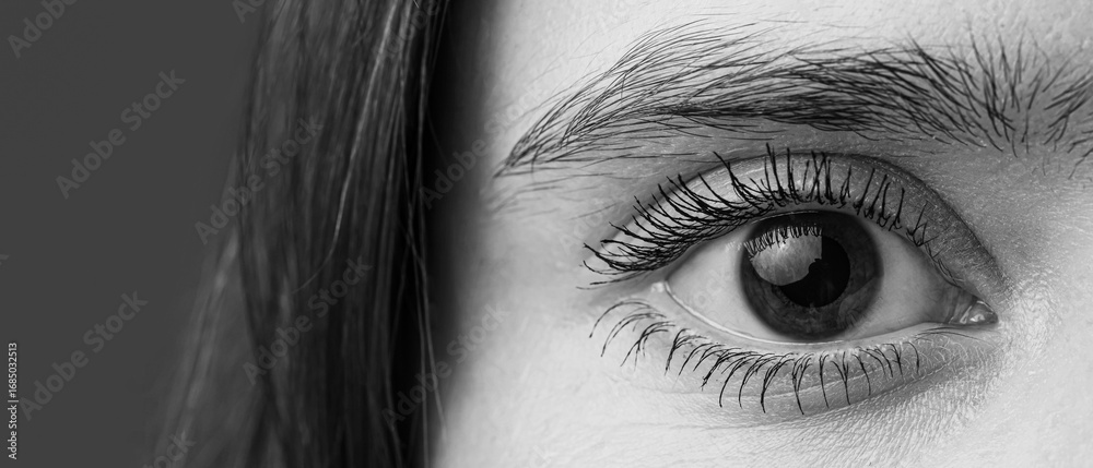Fototapeta premium Woman with brown eyes on color background, closeup