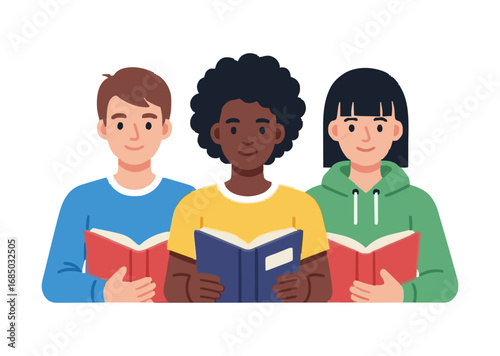 Diverse young students happily read books together, embracing education and building a strong community through shared learning and knowledge