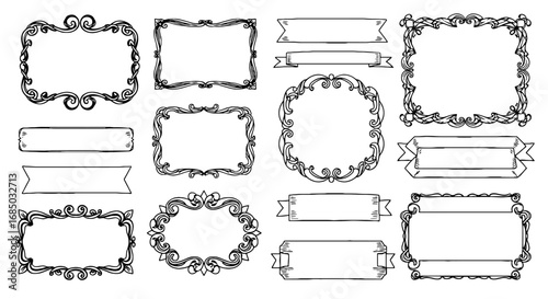 Frames, banners, decorative doodle design, sketch scribble vector graphic illustration art elements.