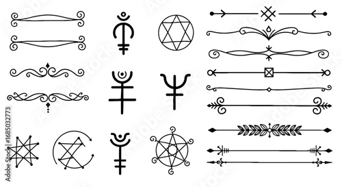 Line art vector illustration decorative element dividers mystical symbol graphic design spiritual occult divination alchemy doodle set.