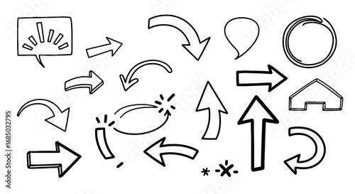 Arrow doodles sketch line drawing handmade pencil pen marker icon set vector graphic design illustration pointing speech bubble outline shape
