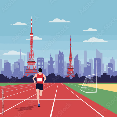 Runner Sprinting Towards the Finish Line in a Vibrant Stadium with City Skyline Background