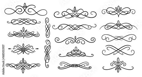 Ornamental swirls flourish decorative border line divider element vector graphic design illustration art set.