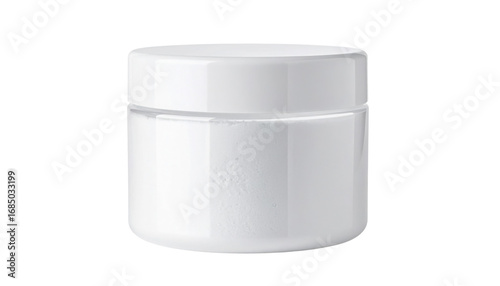 Small white plastic cosmetic jar with a screw-on lid for creams, balms, lotions, or skincare products.