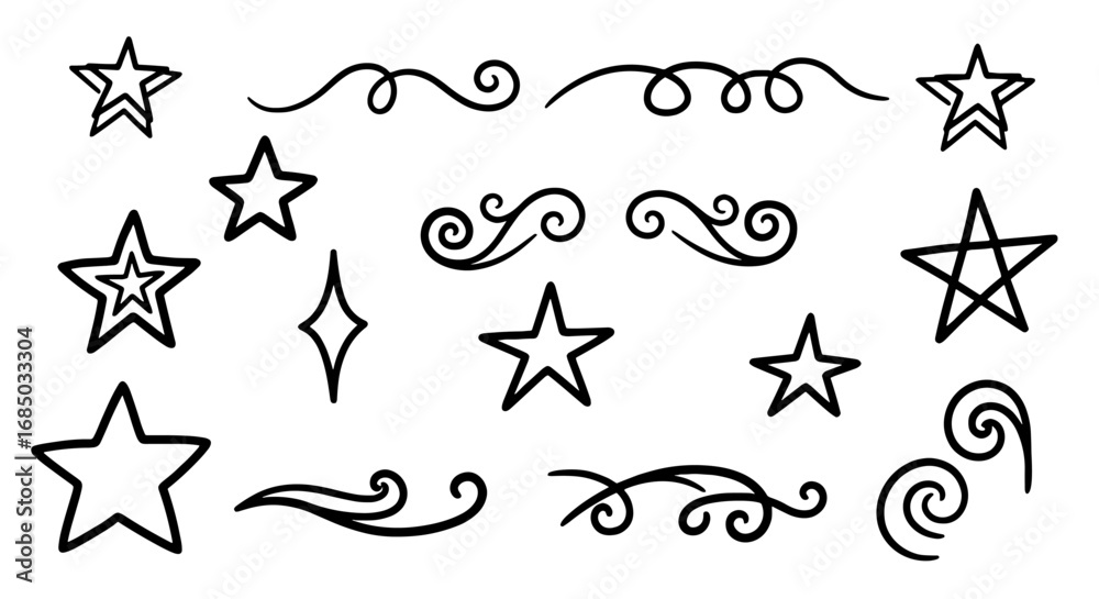 Naklejka premium Doodle stars swirls sketch line art vector graphic design illustration handmade decorative elements