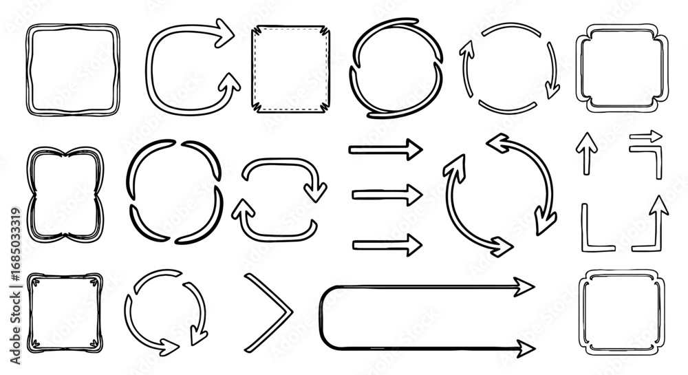 Obraz premium Hand drawn arrow frame doodle line vector graphic design icon set sketch scribble handmade pencil pen marker shapes outline illustration.
