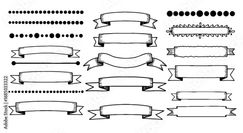 Ribbon banner doodle frame design sketch drawn handmade graphic set illustration vector decoration borders text vintage ornate decor