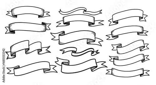 Ribbon banner outline vector graphic design illustration art scroll decorative message tag label text title element badge line simple