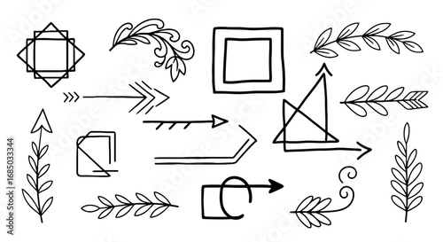Hand drawn doodle vector arrow floral leaf line outline graphic design element set drawing sketch decorative illustration