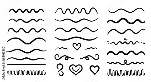 Wave squiggle line heart sketch doodle decorative vector graphic design set illustration art