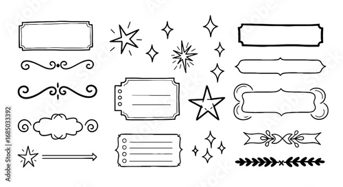 Doodle star flourish arrow rectangle border banner decorative drawing line graphic design illustration vector set element art sketch symbol shape