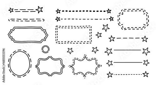 Doodle art sketch handmade star frame border separator line vector graphic design illustration, bullet journal element outline shape
