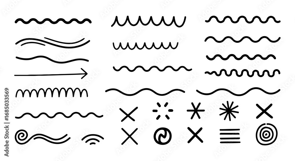 Obraz premium Doodle line art set, hand-drawn wave swirl cross asterisk arrow circle element vector graphic design illustration
