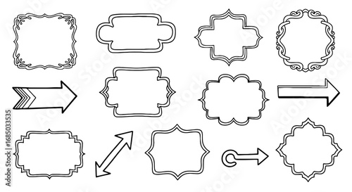 Frames arrows line doodle vector graphic design illustration art labels tags pointers decorative set element shapes