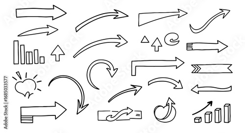 Arrows doodles sketch scribble hand drawn set vector graphic design illustration art pointing infographic line outline shapes up down right left curved business