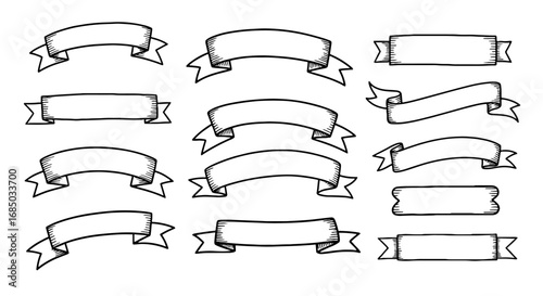Ribbon banner set doodle hand drawn handmade vector graphic design illustration decorative label blank tag sign border outline