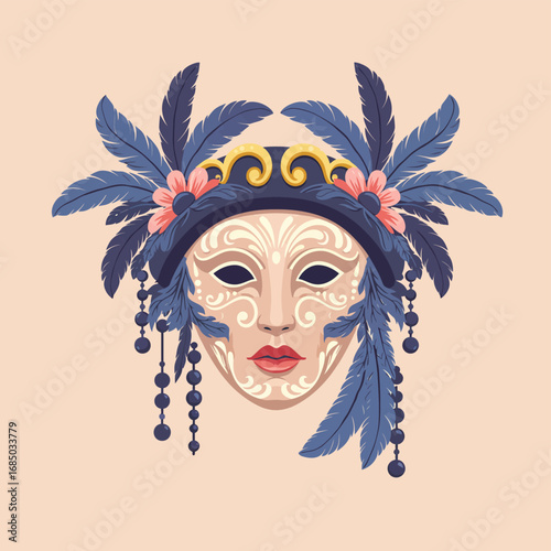 Decorative Venetian masquerade mask adorned with feathers and floral accents on a neutral background