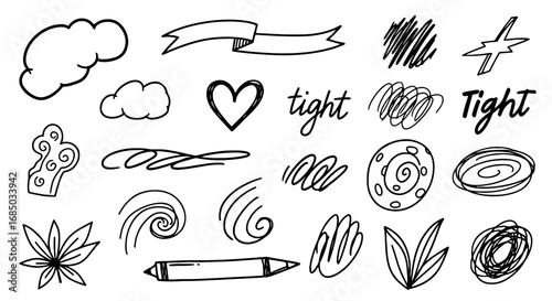 Doodle sketch scribble hand drawn set cloud heart ribbon tight swirl graphic design illustration art pencil pen element vector