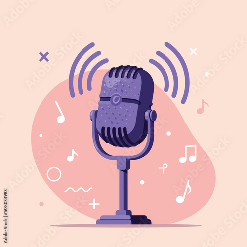 Vintage microphone illustration for podcasting, broadcasting, and music. Flat vector art concept with sound waves and musical notes