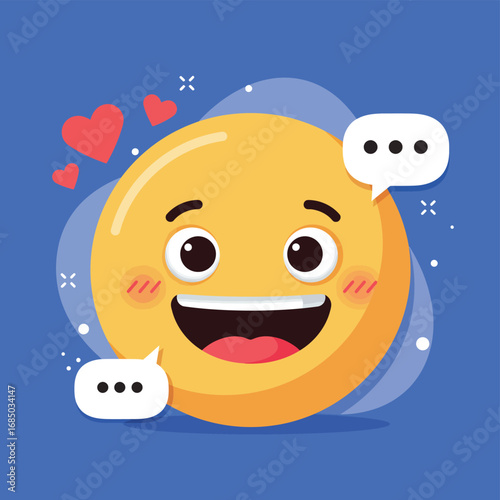 Cute happy emoticon character feeling loved with hearts and chat bubbles. Flat cartoon vector illustration for social media communication