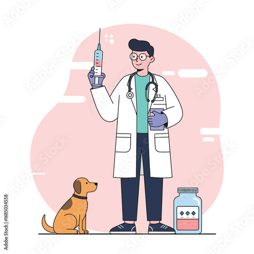 Veterinarian Giving Injection to a Dog Illustration of a Pet's Healthcare and Medicine