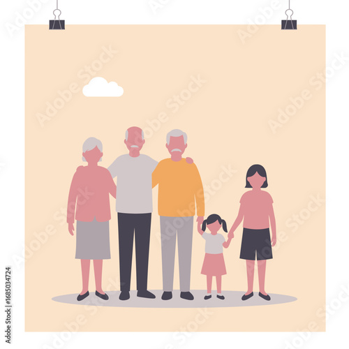 Tender portrait of a multi-generational family standing together, a flat design vector art concept of love and togetherness