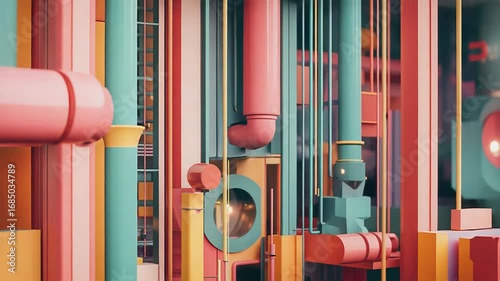 Complex industrial pipes system with vibrant colors and geometric shapes