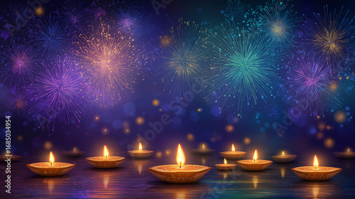 Diwali festival celebration background with diya candles and fireworks display