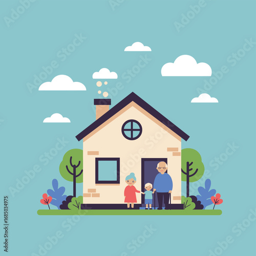 A loving family enjoying a peaceful day outside their charming home surrounded by nature