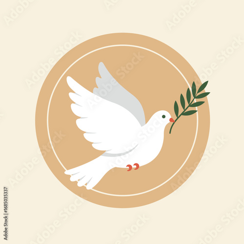 A white dove of peace carrying a green olive branch, representing hope and tranquility