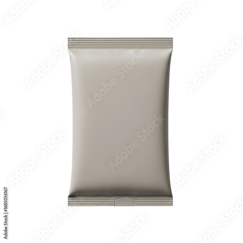 Photo of a plain, light gray, rectangular food packaging pouch with sealed edges, isolated on a transparent background