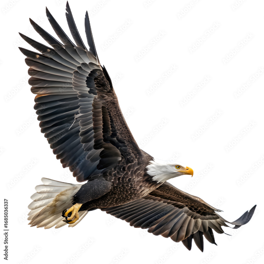Obraz premium Majestic bald eagle in mid-flight soaring over dense green forest under clear blue sky