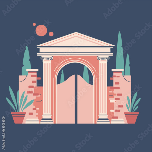Elegant flat design illustration of a classic architectural gate with columns, a pediment, and lush plants, creating a sophisticated and welcoming entrance