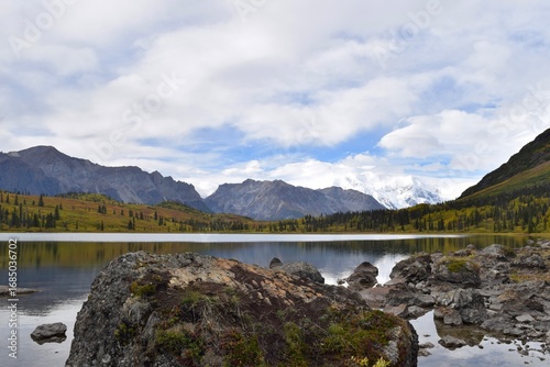 Peaceful lake surrounded by mountains