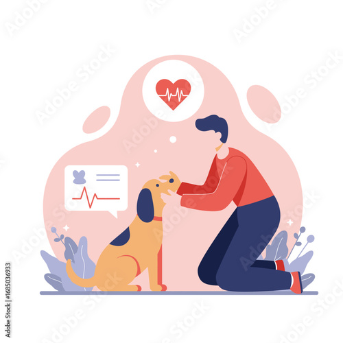 Flat vector illustration of a man with his dog at a veterinary checkup. Animal care, pet health, and companionship concept