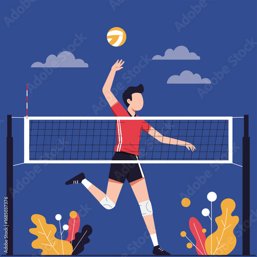 Volleyball Player Jumping to Serve Flat Vector Art for Sports and Active Lifestyles