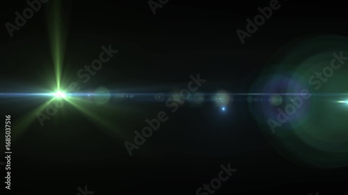 Non-looped video of blue lens flare streak flying through the center of the screen on transparent background with alpha channel. Dynamic light effect, cinematic and modern style. Light leaks transitio