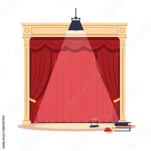 Theatrical stage with red velvet curtains and a bright spotlight shining on magic trick props like a top hat and cards