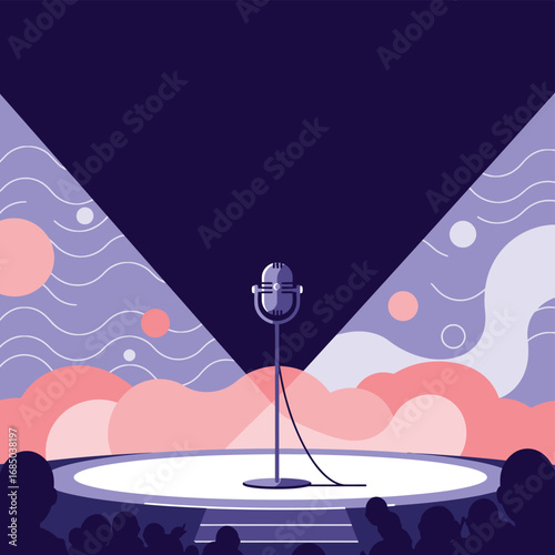 Flat design illustration of a classic microphone on a spotlighted stage, awaiting a live performance, stand-up comedy, or public speaking event