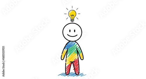 Creative concept of a colorful hand-drawn stick figure with a glowing lightbulb, representing a new idea or innovation