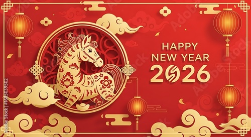 Happy Chinese New Year 2026 horse zodiac. Golden jumping horse lined pattern on red background. Card design invitation or greeting. Celebrating the Year of the Horse with Festive Decorations