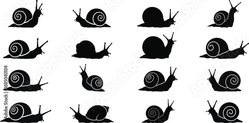 Collection of black snail silhouettes on white background
