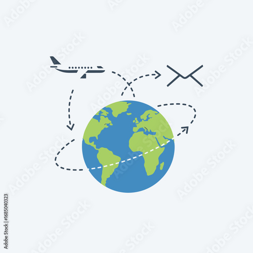 Conceptual vector icon of global logistics and communication, illustrating air travel and mail delivery routes around the planet Earth