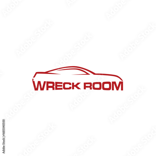 Red outline of a car, with the words "Wreck Room" below it, creating a logo for a car repair shop.