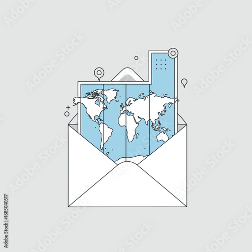 Global outreach concept with a world map in an open envelope, symbolizing international communication, digital messaging, and worldwide connectivity