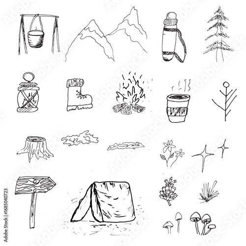 camping doodle set, hiking and outdoor adventure hand drawn elements