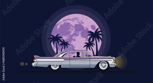 Classic American car glides through a stylized moonlit night, passing silhouetted palm trees, evoking a nostalgic retro journey