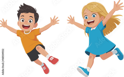 Happy children jumping outdoors, joyful kids playing together, childhood fun, friendship, happiness, summer activity, carefree moments, smiling faces, playful energy, excitement